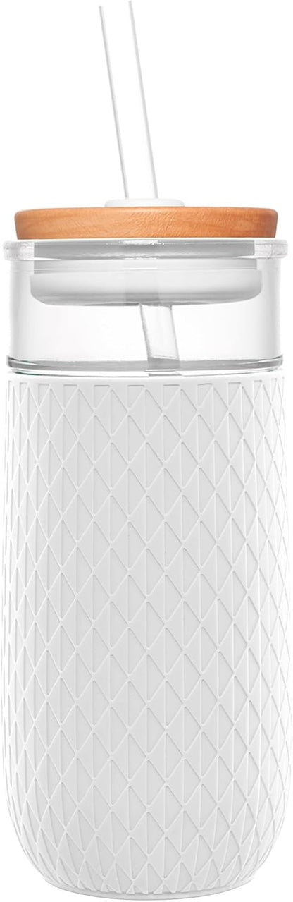 Devon 18oz Glass Tumbler with Straw, Friction Fit Bamboo Wood Lid and Silicone Sleeve | Perfect for Iced Coffee, Tea, and Smoothies