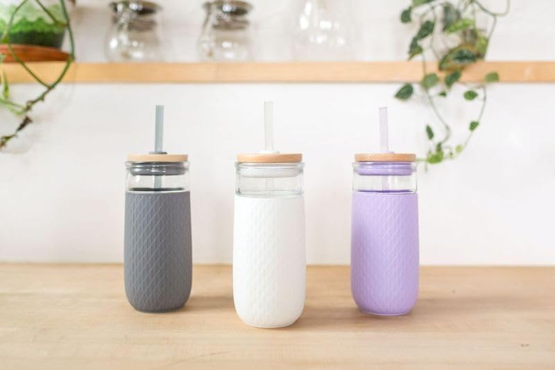Devon 18oz Glass Tumbler with Straw, Friction Fit Bamboo Wood Lid and Silicone Sleeve | Perfect for Iced Coffee, Tea, and Smoothies