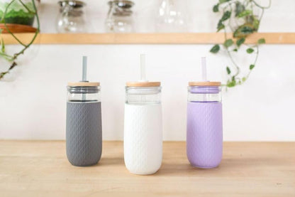 Devon 18oz Glass Tumbler with Straw, Friction Fit Bamboo Wood Lid and Silicone Sleeve | Perfect for Iced Coffee, Tea, and Smoothies