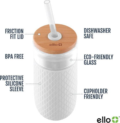 Devon 18oz Glass Tumbler with Straw, Friction Fit Bamboo Wood Lid and Silicone Sleeve | Perfect for Iced Coffee, Tea, and Smoothies
