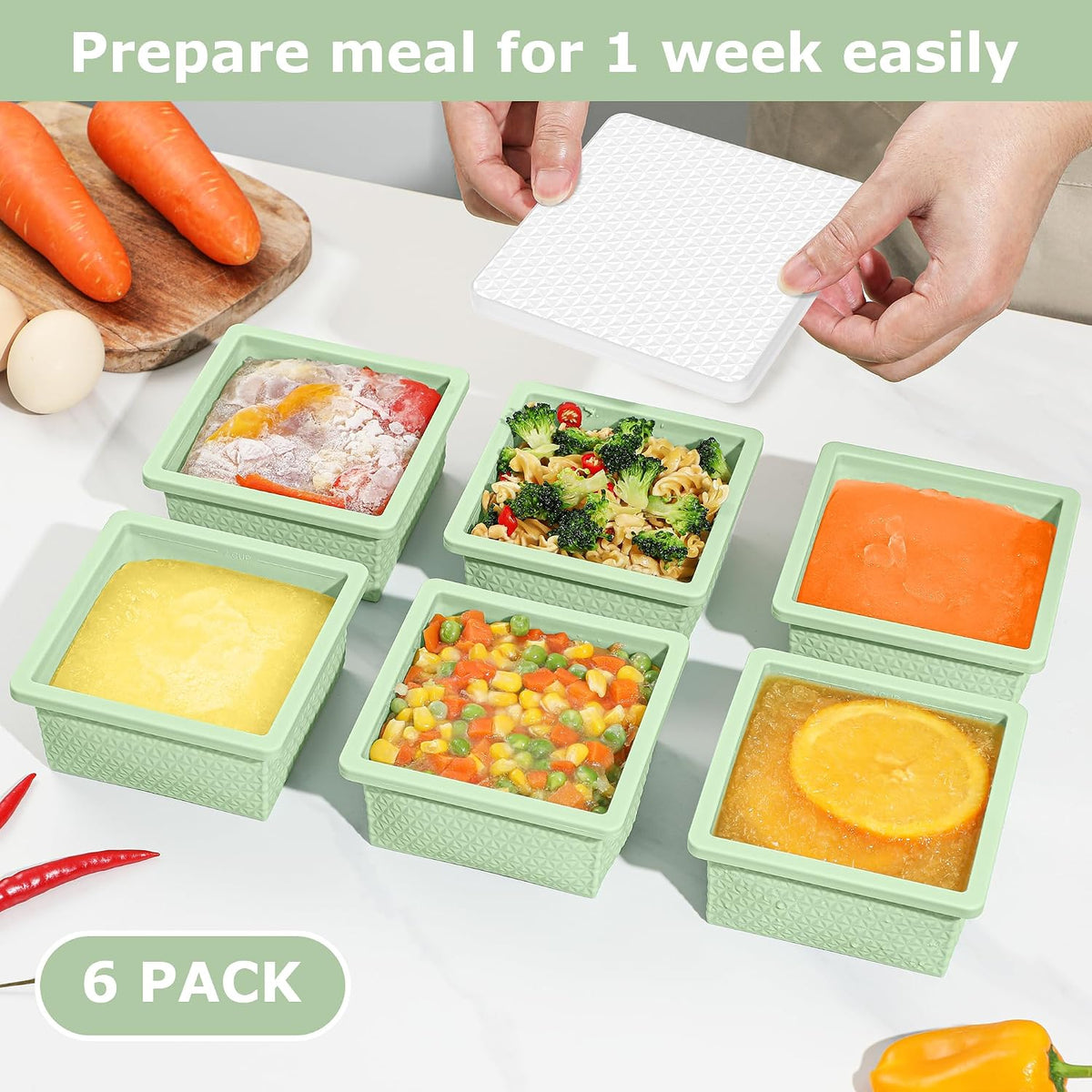6 Pack-Silicone Freezer Tray with Lid-Stackable Soup Freezer Container Molds,2-Cup Ice Cube Trays for Perfect Portion Control,Food Storage & Meal Prep,Oven & Dishwasher Safe