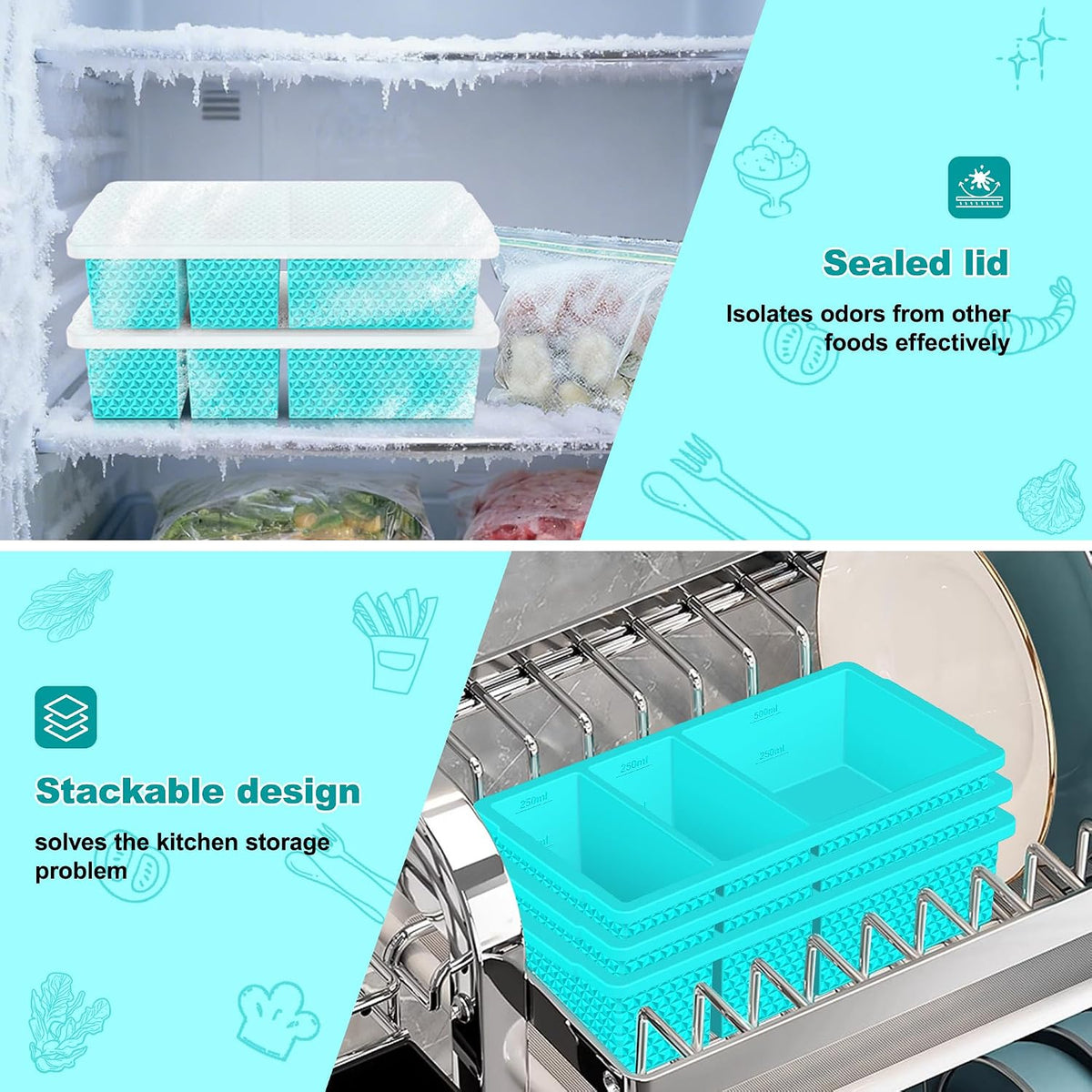 6 Pack-Silicone Freezer Tray with Lid-Stackable Soup Freezer Container Molds,2-Cup Ice Cube Trays for Perfect Portion Control,Food Storage & Meal Prep,Oven & Dishwasher Safe