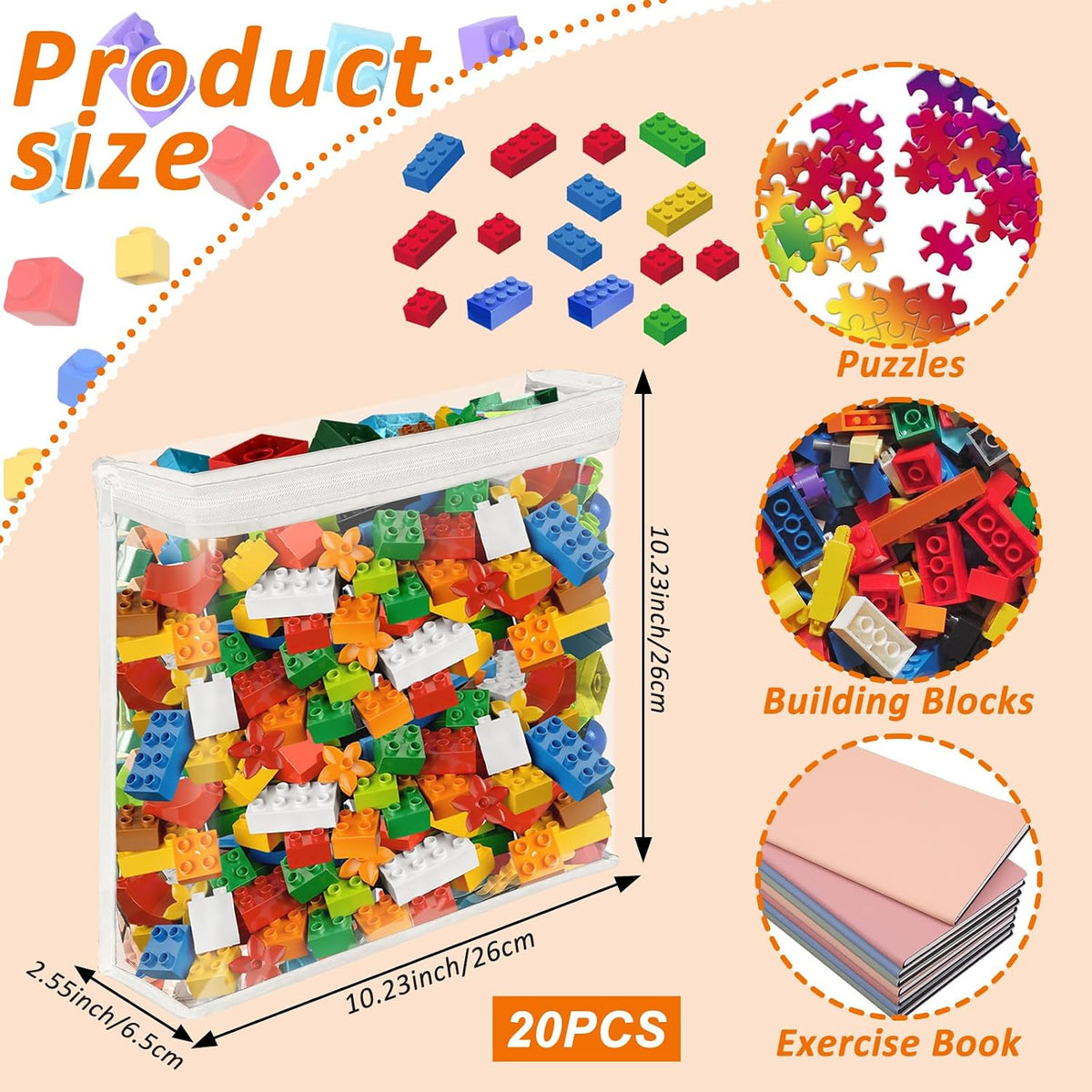 20 Pack Clear Toy Storage Bags PVC Organizing Bag with Zippered, Toys Storage Organizer with Portable Handheld，Waterproof Toy Bags for Board Games Clay, Building Blocks, Toys,White