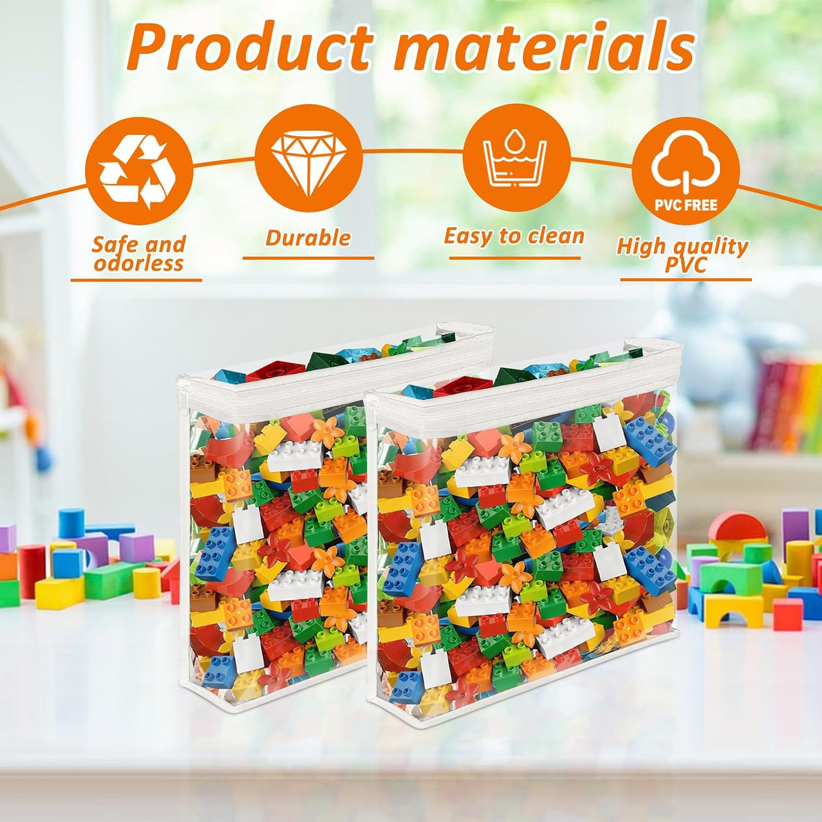 20 Pack Clear Toy Storage Bags PVC Organizing Bag with Zippered, Toys Storage Organizer with Portable Handheld，Waterproof Toy Bags for Board Games Clay, Building Blocks, Toys,White