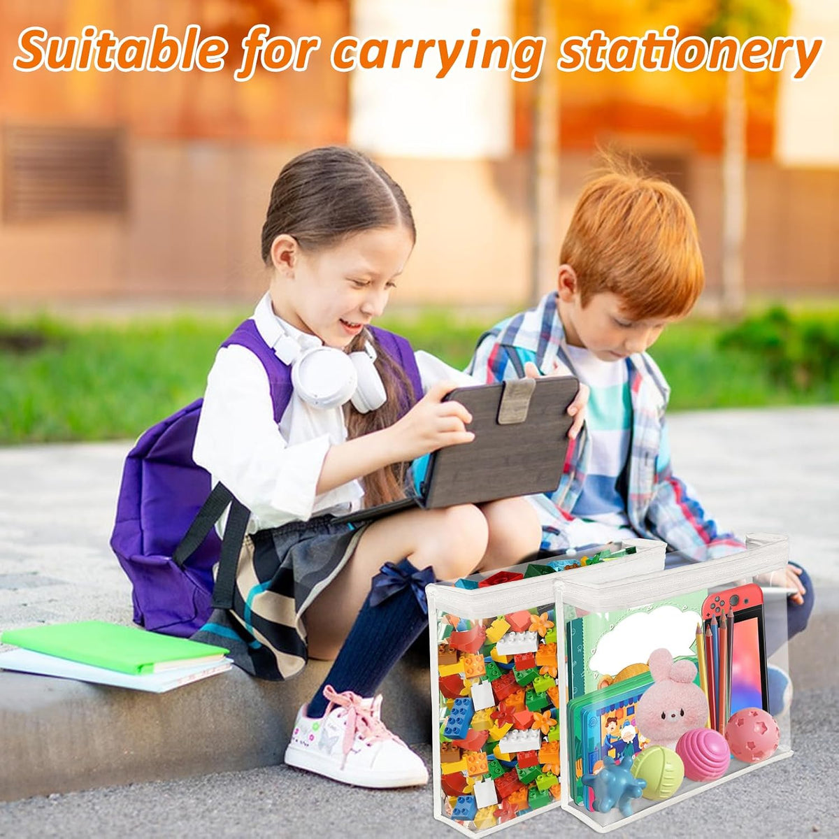20 Pack Clear Toy Storage Bags PVC Organizing Bag with Zippered, Toys Storage Organizer with Portable Handheld，Waterproof Toy Bags for Board Games Clay, Building Blocks, Toys,White