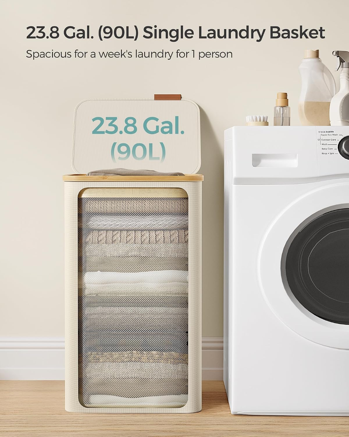 SONGMICS Laundry Hamper with Lid, 23.8 Gallons (90L), Removable Mesh Liner