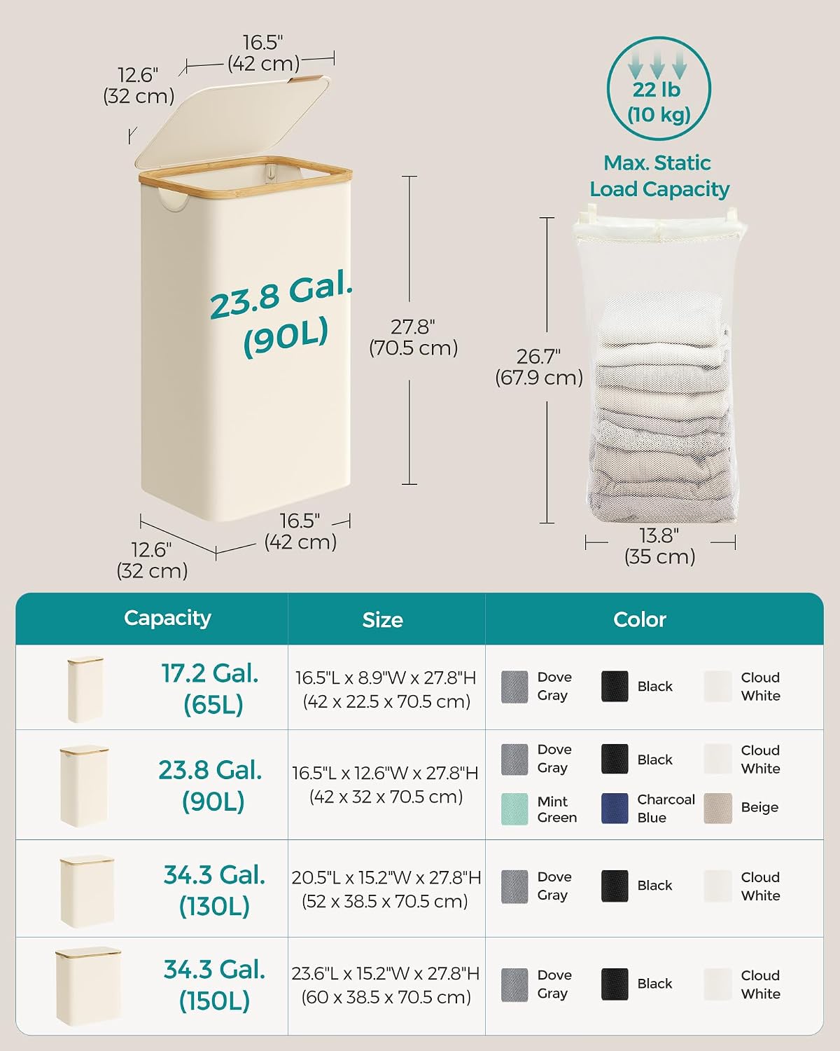 SONGMICS Laundry Hamper with Lid, 23.8 Gallons (90L), Removable Mesh Liner