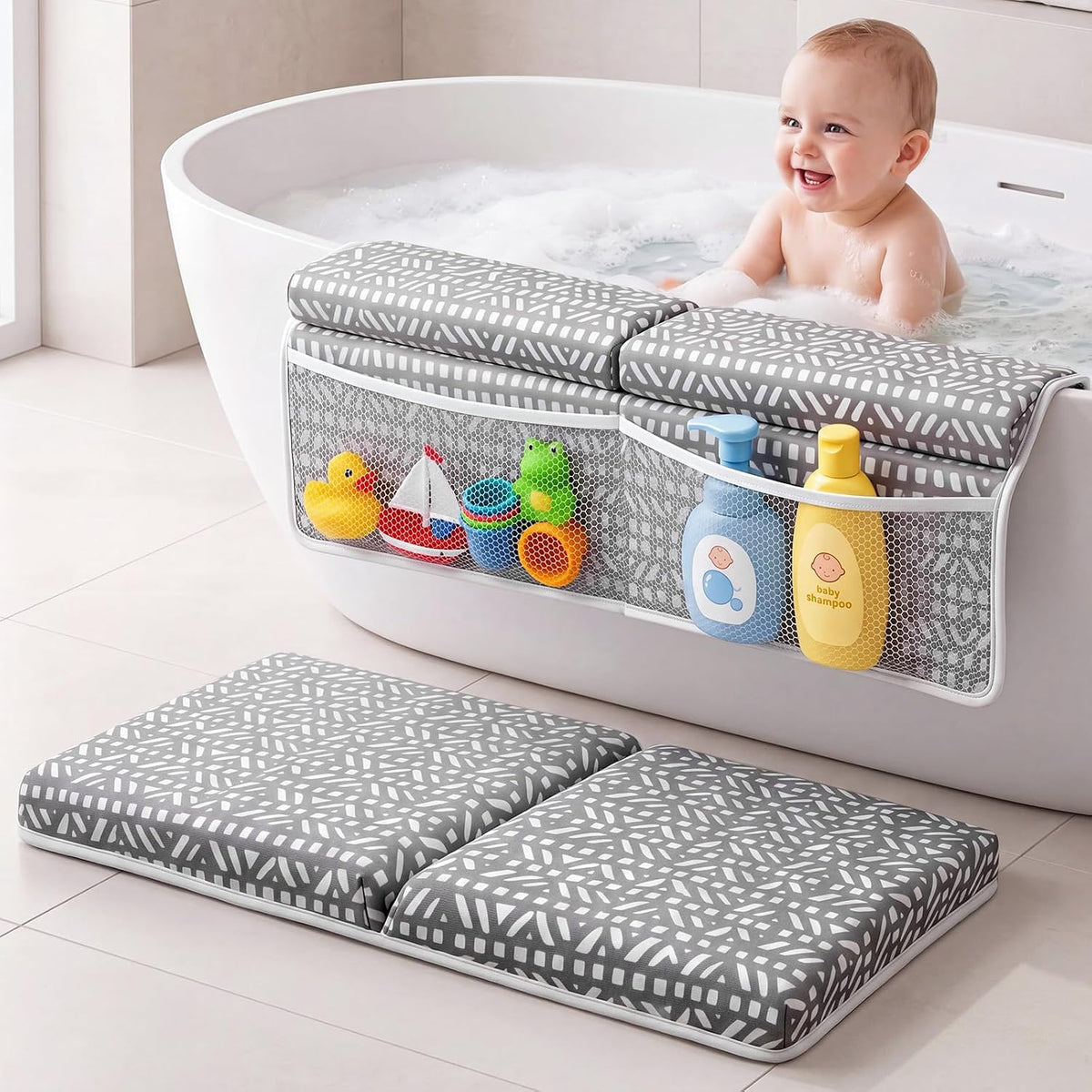 Baby Bath Kneeler and Elbow Rest Pad Set, Thick Comfortable Quick Dry Memory Foam Kneeling Pad, Foldable Non Slip Bathtub Cushion with Toy Organizer for Happy Baby Bath Time