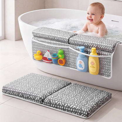 Baby Bath Kneeler and Elbow Rest Pad Set, Thick Comfortable Quick Dry Memory Foam Kneeling Pad, Foldable Non Slip Bathtub Cushion with Toy Organizer for Happy Baby Bath Time