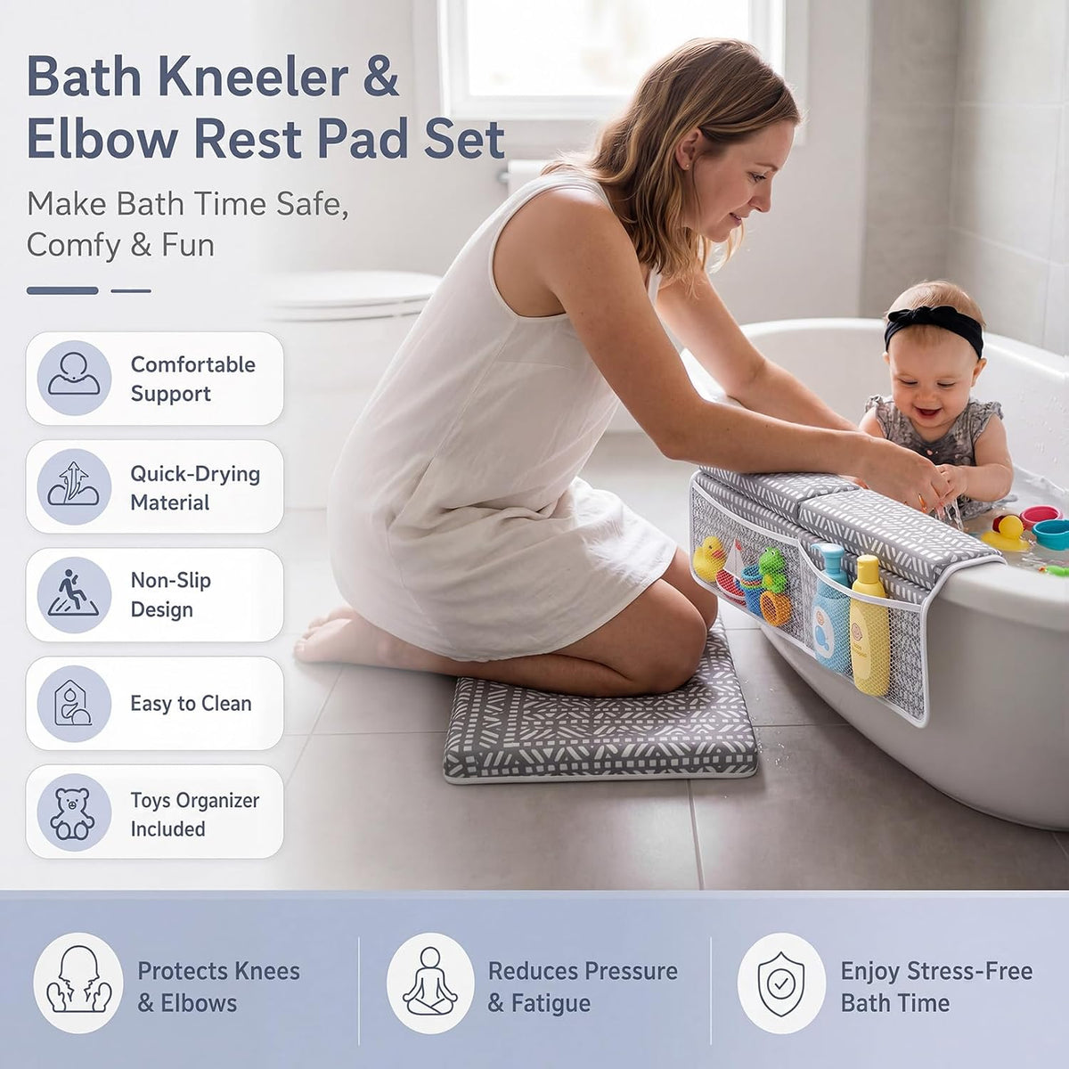 Baby Bath Kneeler and Elbow Rest Pad Set, Thick Comfortable Quick Dry Memory Foam Kneeling Pad, Foldable Non Slip Bathtub Cushion with Toy Organizer for Happy Baby Bath Time