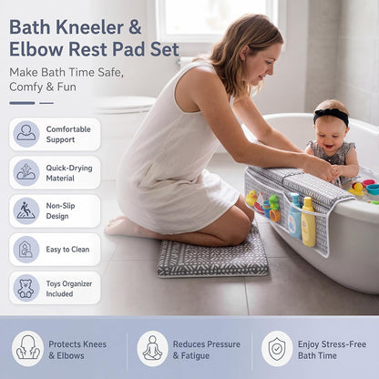Baby Bath Kneeler and Elbow Rest Pad Set, Thick Comfortable Quick Dry Memory Foam Kneeling Pad, Foldable Non Slip Bathtub Cushion with Toy Organizer for Happy Baby Bath Time