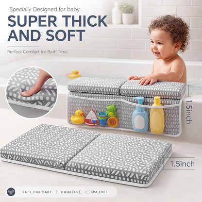 Baby Bath Kneeler and Elbow Rest Pad Set, Thick Comfortable Quick Dry Memory Foam Kneeling Pad, Foldable Non Slip Bathtub Cushion with Toy Organizer for Happy Baby Bath Time