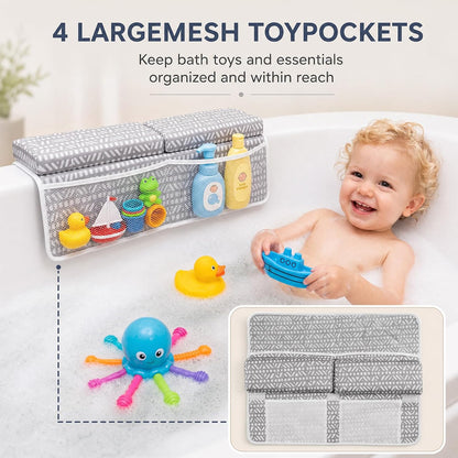 Baby Bath Kneeler and Elbow Rest Pad Set, Thick Comfortable Quick Dry Memory Foam Kneeling Pad, Foldable Non Slip Bathtub Cushion with Toy Organizer for Happy Baby Bath Time