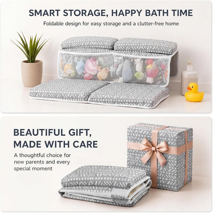 Baby Bath Kneeler and Elbow Rest Pad Set, Thick Comfortable Quick Dry Memory Foam Kneeling Pad, Foldable Non Slip Bathtub Cushion with Toy Organizer for Happy Baby Bath Time