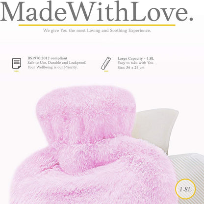 Hot Water Bottle - with Soft Premium Fleece Cover - Candy Pink, 2L - Heating Pad for Menstrual Cramps and Period Comfort - Bed Foot Warmer - Hot & Cold Compress for Back, Stomach, Neck Pain Relief