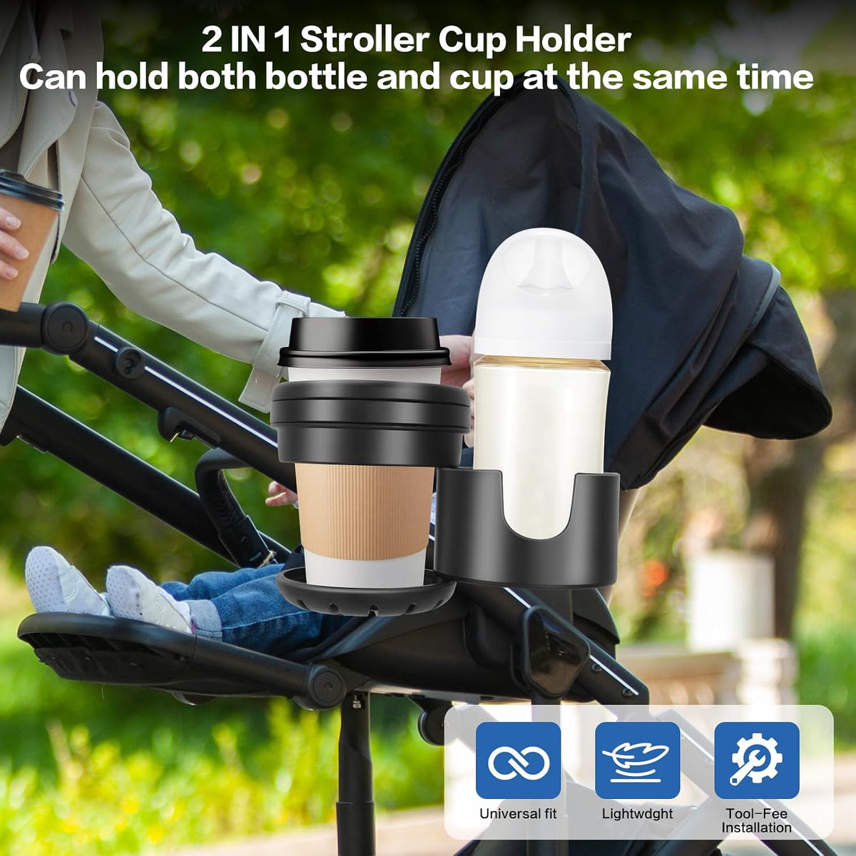2-in-1 Stroller Cup Holder with 360° Rotating Clamp