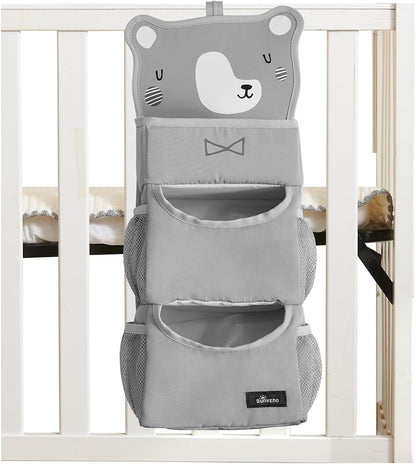 Hanging Diaper Caddy for Crib, Baby Diaper Stacker and Nursery Organizer, Cartoon Storage Bag for Changing Table, Playard, Wall, Grey Bear