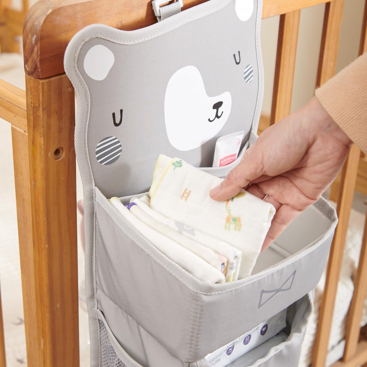Hanging Diaper Caddy for Crib, Baby Diaper Stacker and Nursery Organizer, Cartoon Storage Bag for Changing Table, Playard, Wall, Grey Bear