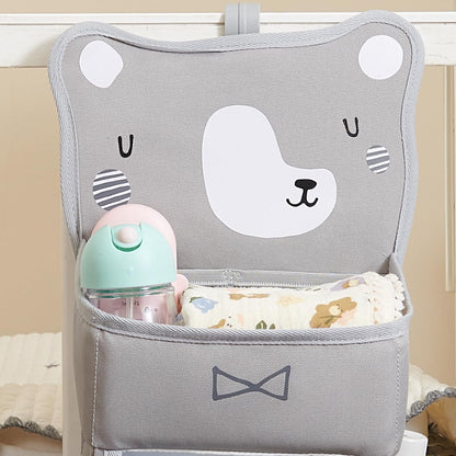 Hanging Diaper Caddy for Crib, Baby Diaper Stacker and Nursery Organizer, Cartoon Storage Bag for Changing Table, Playard, Wall, Grey Bear