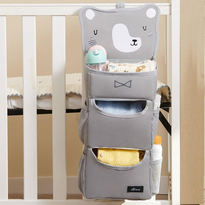 Hanging Diaper Caddy for Crib, Baby Diaper Stacker and Nursery Organizer, Cartoon Storage Bag for Changing Table, Playard, Wall, Grey Bear