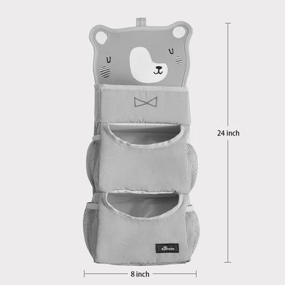 Hanging Diaper Caddy for Crib, Baby Diaper Stacker and Nursery Organizer, Cartoon Storage Bag for Changing Table, Playard, Wall, Grey Bear