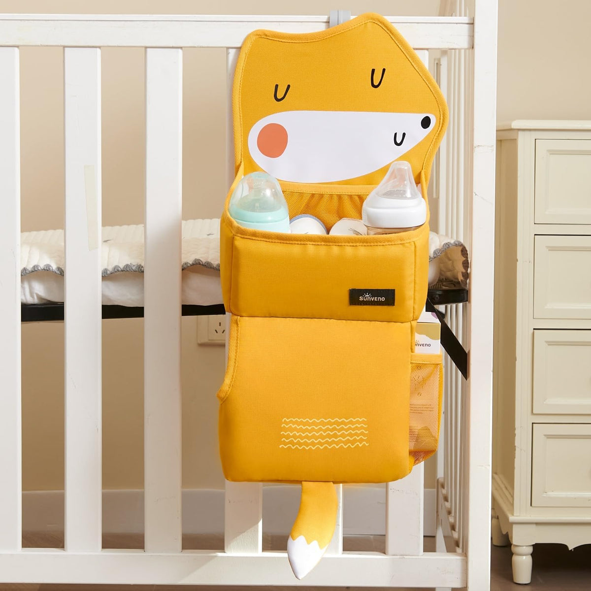 Hanging Diaper Caddy for Crib, Baby Diaper Stacker and Nursery Organizer, Cartoon Storage Bag for Changing Table, Playard, Wall, Grey Bear