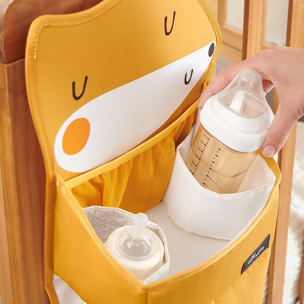 Hanging Diaper Caddy for Crib, Baby Diaper Stacker and Nursery Organizer, Cartoon Storage Bag for Changing Table, Playard, Wall, Grey Bear