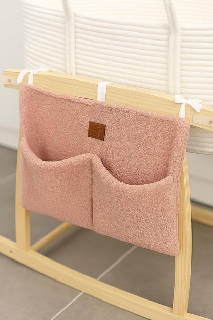 Bedside Diaper Caddy - Teddy Material With 2 Compartments for Baby Carrier, Crib, Stroller & Changing Table, Hanging Storage Organizer (Grey)