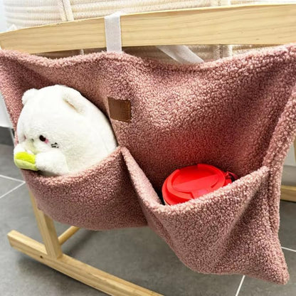 Bedside Diaper Caddy - Teddy Material With 2 Compartments for Baby Carrier, Crib, Stroller & Changing Table, Hanging Storage Organizer (Grey)