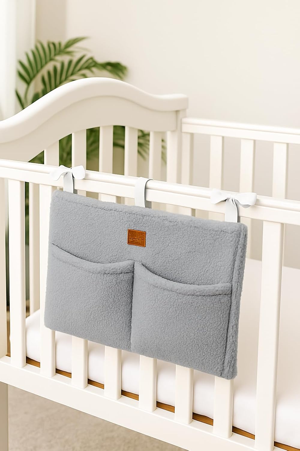 Bedside Diaper Caddy - Teddy Material With 2 Compartments for Baby Carrier, Crib, Stroller & Changing Table, Hanging Storage Organizer (Grey)