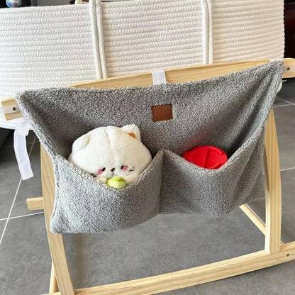 Bedside Diaper Caddy - Teddy Material With 2 Compartments for Baby Carrier, Crib, Stroller & Changing Table, Hanging Storage Organizer (Grey)