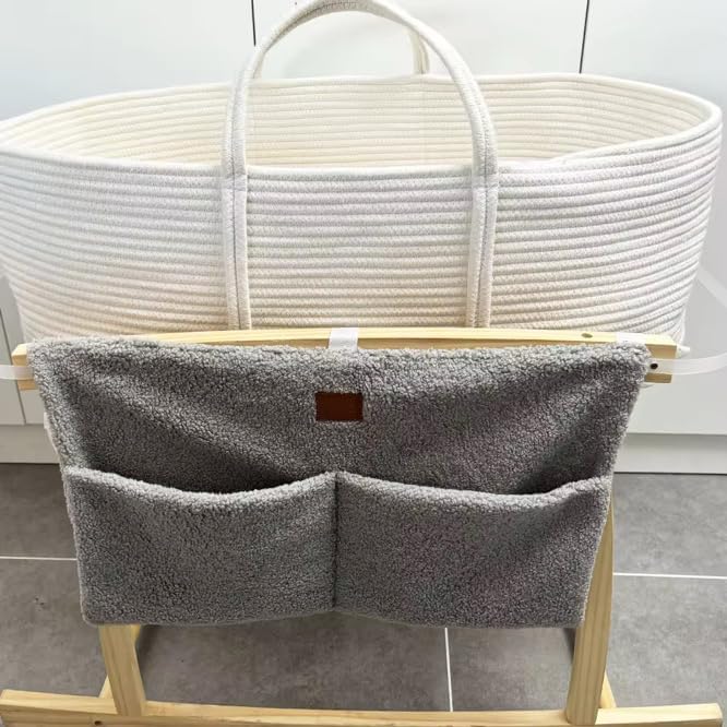 Bedside Diaper Caddy - Teddy Material With 2 Compartments for Baby Carrier, Crib, Stroller & Changing Table, Hanging Storage Organizer (Grey)