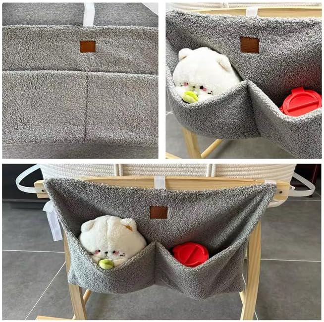 Bedside Diaper Caddy - Teddy Material With 2 Compartments for Baby Carrier, Crib, Stroller & Changing Table, Hanging Storage Organizer (Grey)
