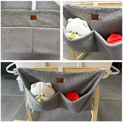 Bedside Diaper Caddy - Teddy Material With 2 Compartments for Baby Carrier, Crib, Stroller & Changing Table, Hanging Storage Organizer (Grey)