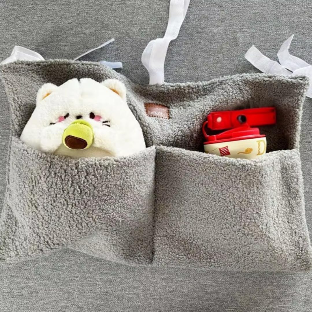 Bedside Diaper Caddy - Teddy Material With 2 Compartments for Baby Carrier, Crib, Stroller & Changing Table, Hanging Storage Organizer (Grey)