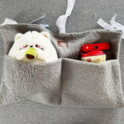 Bedside Diaper Caddy - Teddy Material With 2 Compartments for Baby Carrier, Crib, Stroller & Changing Table, Hanging Storage Organizer (Grey)