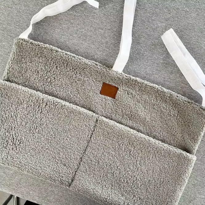 Bedside Diaper Caddy - Teddy Material With 2 Compartments for Baby Carrier, Crib, Stroller & Changing Table, Hanging Storage Organizer (Grey)