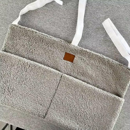 Bedside Diaper Caddy - Teddy Material With 2 Compartments for Baby Carrier, Crib, Stroller & Changing Table, Hanging Storage Organizer (Grey)