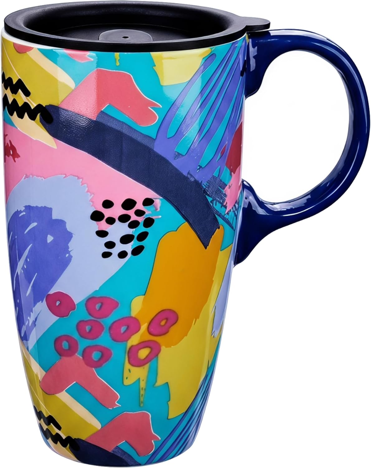 17oz Ceramic Travel Coffee Mug with Lid, Microwave Safe Tea Cup | Hand-Painted Botanical Leaf Design, Spill Proof, Microwave & Dishwasher Safe