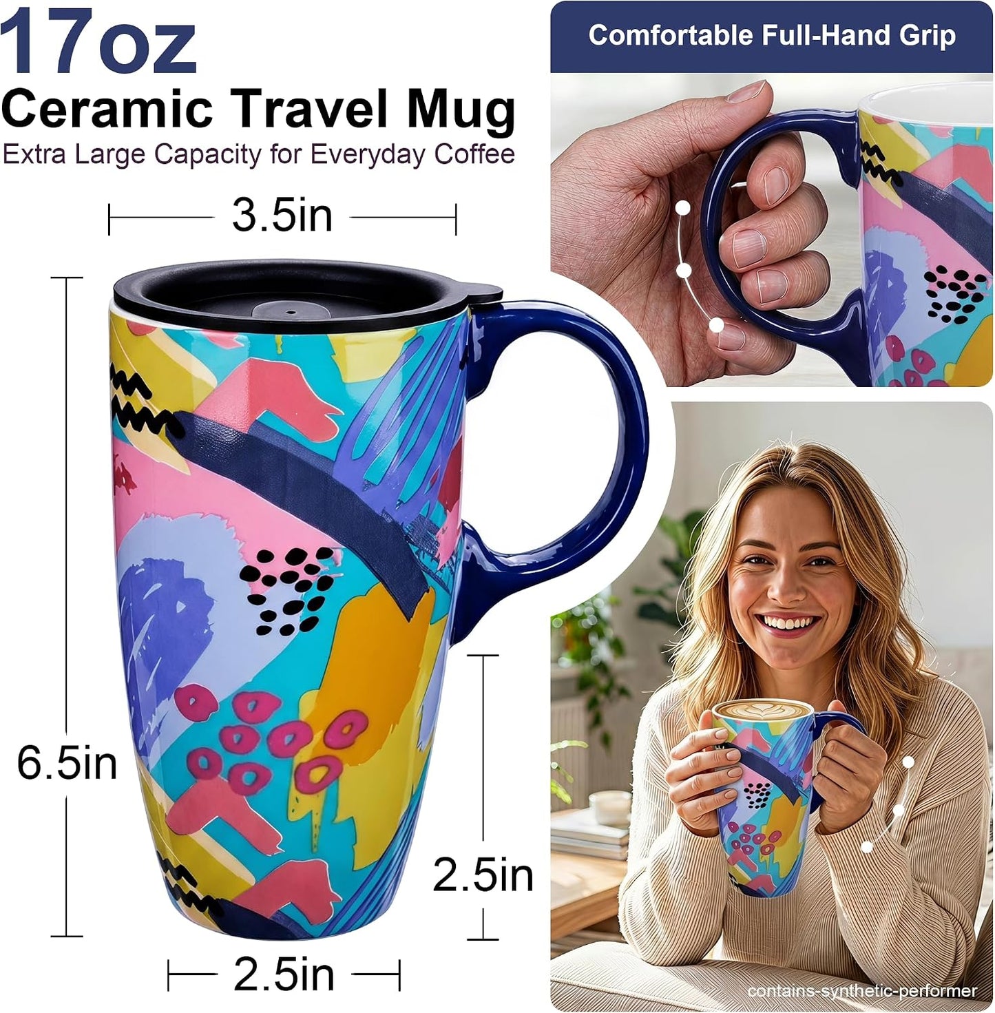 17oz Ceramic Travel Coffee Mug with Lid, Microwave Safe Tea Cup | Hand-Painted Botanical Leaf Design, Spill Proof, Microwave & Dishwasher Safe