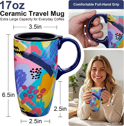 17oz Ceramic Travel Coffee Mug with Lid, Microwave Safe Tea Cup | Hand-Painted Botanical Leaf Design, Spill Proof, Microwave & Dishwasher Safe