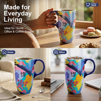 17oz Ceramic Travel Coffee Mug with Lid, Microwave Safe Tea Cup | Hand-Painted Botanical Leaf Design, Spill Proof, Microwave & Dishwasher Safe