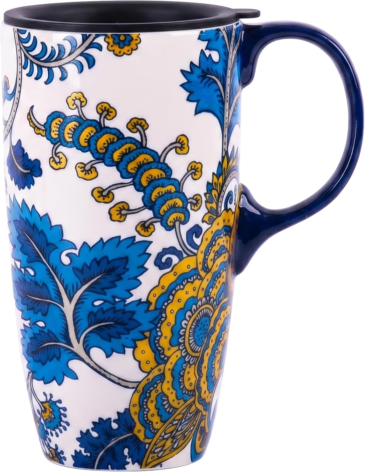 17oz Ceramic Travel Coffee Mug with Lid, Microwave Safe Tea Cup | Hand-Painted Botanical Leaf Design, Spill Proof, Microwave & Dishwasher Safe