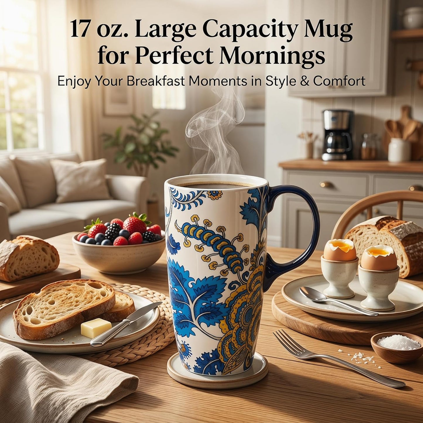 17oz Ceramic Travel Coffee Mug with Lid, Microwave Safe Tea Cup | Hand-Painted Botanical Leaf Design, Spill Proof, Microwave & Dishwasher Safe