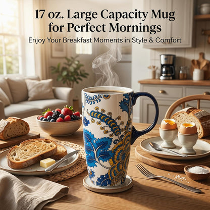 17oz Ceramic Travel Coffee Mug with Lid, Microwave Safe Tea Cup | Hand-Painted Botanical Leaf Design, Spill Proof, Microwave & Dishwasher Safe