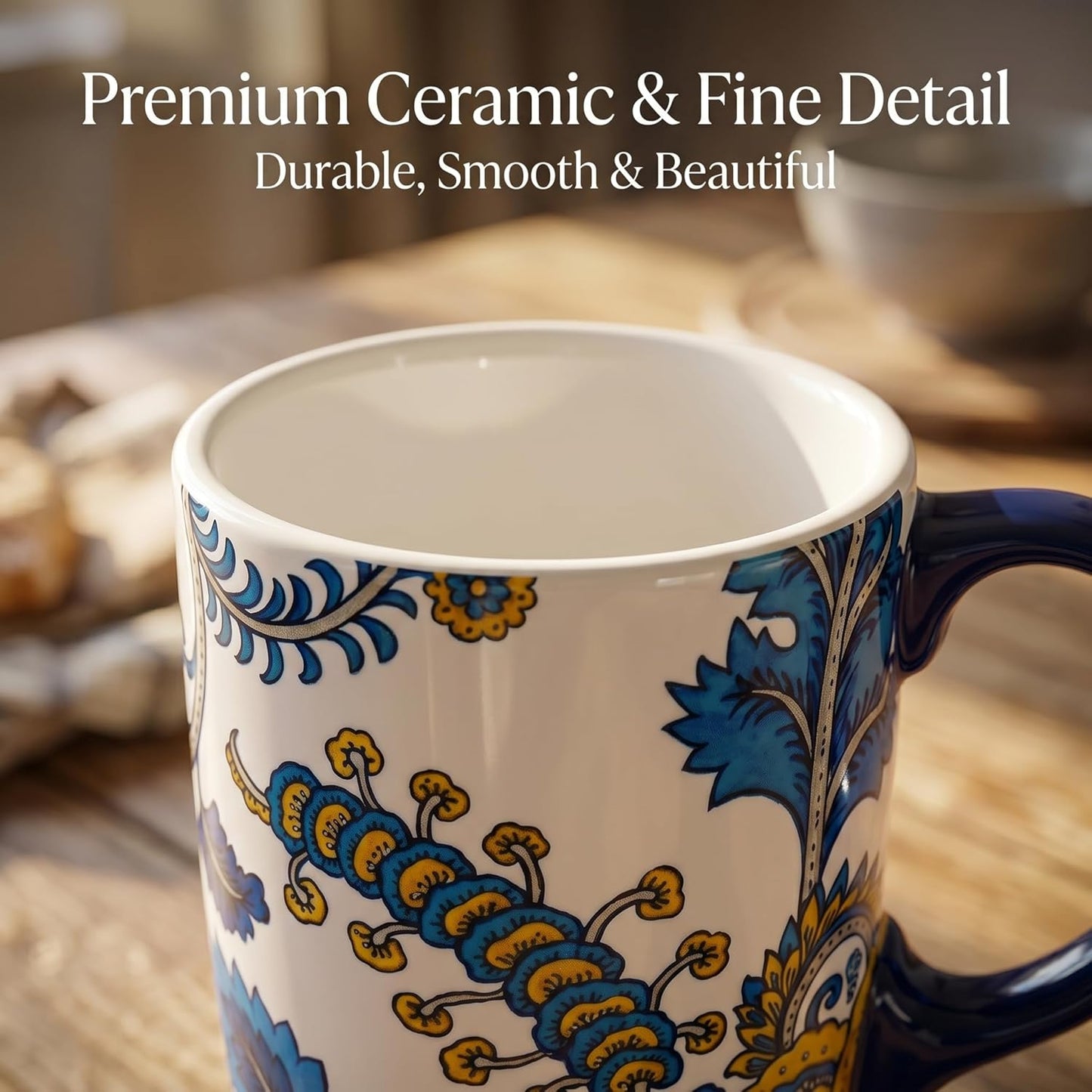 17oz Ceramic Travel Coffee Mug with Lid, Microwave Safe Tea Cup | Hand-Painted Botanical Leaf Design, Spill Proof, Microwave & Dishwasher Safe