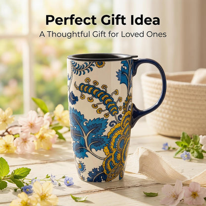 17oz Ceramic Travel Coffee Mug with Lid, Microwave Safe Tea Cup | Hand-Painted Botanical Leaf Design, Spill Proof, Microwave & Dishwasher Safe