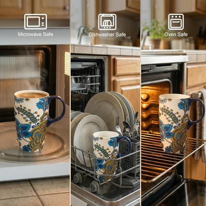 17oz Ceramic Travel Coffee Mug with Lid, Microwave Safe Tea Cup | Hand-Painted Botanical Leaf Design, Spill Proof, Microwave & Dishwasher Safe