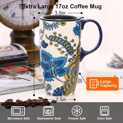 17oz Ceramic Travel Coffee Mug with Lid, Microwave Safe Tea Cup | Hand-Painted Botanical Leaf Design, Spill Proof, Microwave & Dishwasher Safe