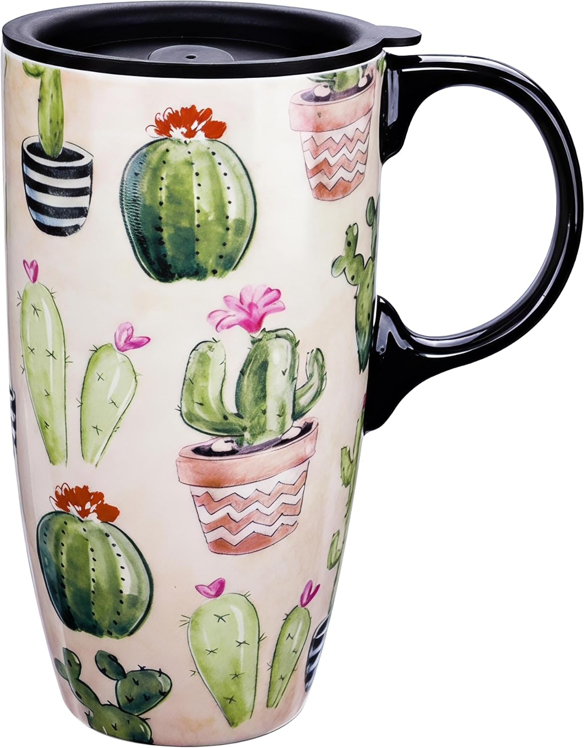 17oz Ceramic Travel Coffee Mug with Lid, Microwave Safe Tea Cup | Hand-Painted Botanical Leaf Design, Spill Proof, Microwave & Dishwasher Safe